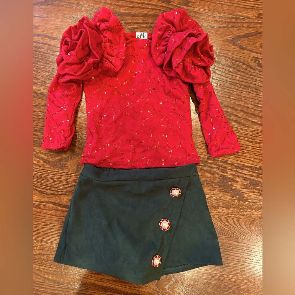 Toddler girl long sleeve red sequin shirt and green skort size 4T